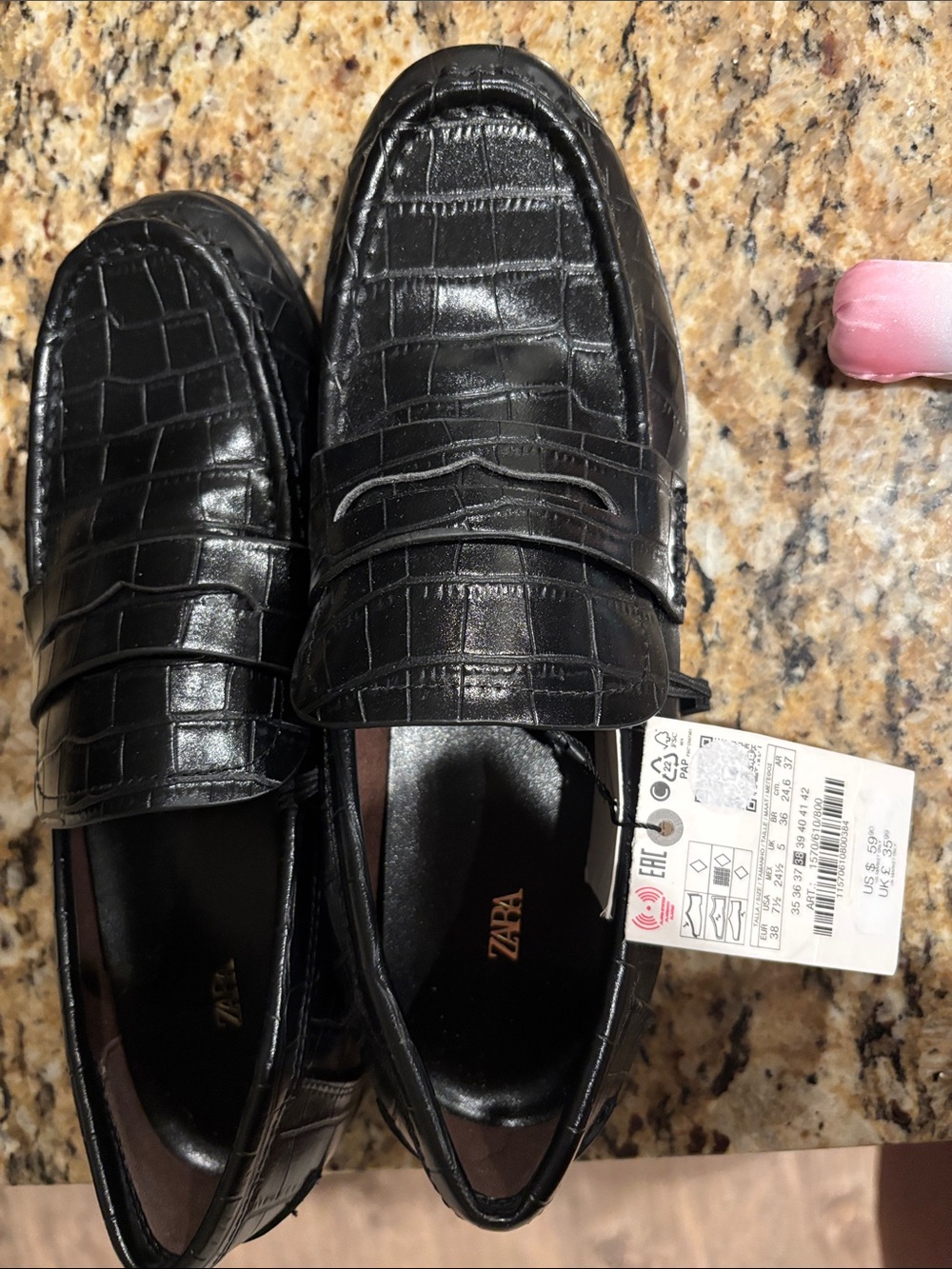 Zara Black Croc-Embossed Slip-On Penny Loafers